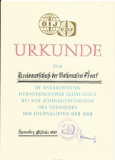 Urkunde "Verband d. Journalisten der DDR" an Nationale Front Spremberg - 1984 !!