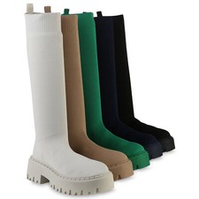 Damen Plateaustiefel Stiefel Blockabsatz Strick Profil-Sohle 839550 Schuhe 