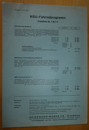 Original nsu preisliste - nsu, 1977