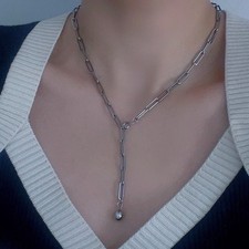 Edelstahl Paperclip-Kette mit Kugelanhänger, Halskette Pulloverkette verstellbar