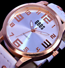 Große QBos Damen Armband Frauen Uhr Weiß Rose Gold Farben Nieten L57