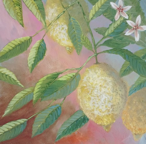 Zitronen mit blüten - blüten, Ölbild