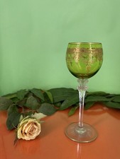 St Louis Crystal Green Gilded & Etched Bowl Cut Air Twist Stem Hock/Wine Glass