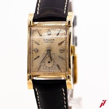 Gruen Precision Veri-Thin Armbanduhr 14K Gelbgold Leder Quarz Plexiglas