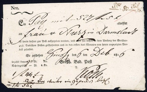 Baden vorphila postschein aus - baden,