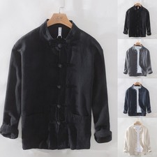 Baumwolle Bluse Chinesisch Einfarbig Hemd Jacke Kung Fu Lange Ärmel Leinen