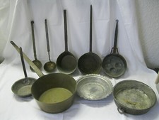 Antikes Kochzubehör Messing Kupfer Stielpfannen Schöpfer Teller Kochgeschirr