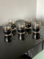 50/60-er: 5 alte Teegläser in Metall-Halterung   versilbert?  VINTAGE