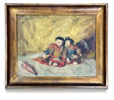 Albert Hubert (1878-?) – Japanische Puppen in Kimonos - Öl auf Masonit signiert