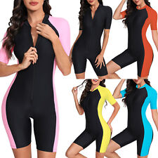 DE Damen Badeanzug mit Bein Kurzarm Reißverschluss Kurz Surfanzug Schwimmanzug