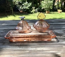 Art Déco Frisiertisch Garnitur Kammschale Dose Flacon Rosalin Pressglas Rosa