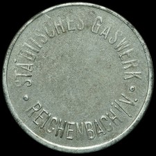 GASMARKE: Gasmünze, Zink. STÄDTISCHES GASWERK REICHENBACH IM VOGTLAND / SACHSEN.