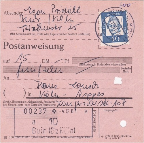 Postanweisung köln 1961 - postanweisung,