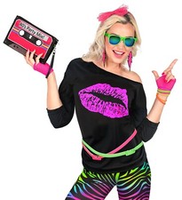 Shirt 80er Jahre Style Kussmund schwarz neonpink Karneval Fasching Kostüm Damen