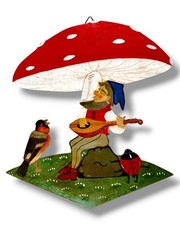 1950er Märchen-Holzbild: Fliegenpilz Marienkäfer Rotkehlchen 22cm Vintage Deko