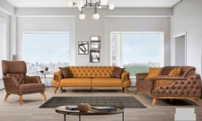 Luxus Sofagarnitur 331 Sitz Leder Chesterfield Sofa Sessel Braun Sofas Set 3tlg