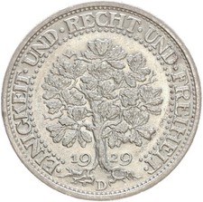 Weimarer Republik 5 Reichsmark 1929 D Eichbaum Silber vz+ Jäger 331