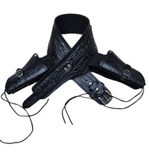 Schwarz Leder Doppel Waffe Halfter Gürtel Verstellbar Cowboy Western mit Silber