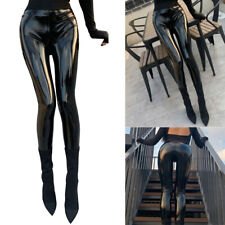 Damen Hochglanz Schritt-Zip Lack Leather Leggings Wetlook Leggins Glänzend Hose