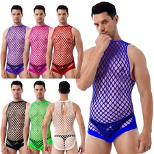 DE Herren Transparenter Netz Bodysuit Dessous Ärmellos Unterhemd Trikot Clubwear