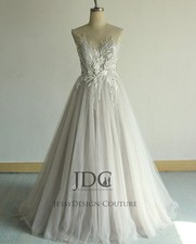 Silber Grau Glitzer Blätt Spitze Brautkleid Hochzeitskleid 32-60 Träger n.Maß