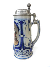 JUGENDSTIL KRUG  BIERKRUG STEINZEUG KERAMIK ZINNDECKEL 1 LITER UM 1900 ANTIK