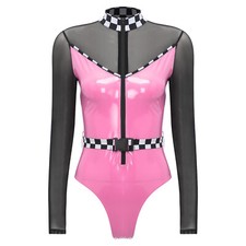 DE iEFiEL Frauen Body Verkleiden Jumpsuit Uniform Trikot Netz Kostüm Lackleder