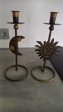 Kerzenhalter, Spitzkerzen, 2 Stück, Sonne und Mond, Metall, Vintage, gebraucht