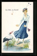 Ansichtskarte Alte Jungfer erschrickt vor einem Klapperstorch 