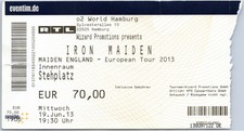 Iron Maiden Ticket 2013 Tour - Hamburg o2 World - Konzert Karte