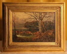 Antikes kleines Ölgemälde Rehe Wald Deutschland 19. Jh.