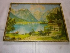 Bild mit Kutsche Almhaus Berge + See- 50er Jahre , Metallrahmen 26,5 cm x 19 cm