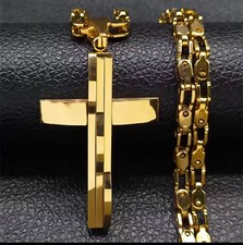 UNISEX ANHÄNGER KREUZ EDELSTAHL MASSIV GOLDFARBEN KREUZ MIT KÖNIGSKETTE