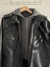 Herren Lederjacke L Schwarz, Innentasche, Innenfutter, abnehmbare Kapuze Grau,