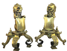 Bronze Kaminböcke Paar imposanter Wappen Löwen Andiron Historismus - 18449 –