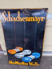 Schachenmayr No Motta Wolle Emailschild - 80 x 126 cm DE um 1925 Ludwig Hohlwein
