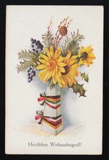 Vase gelbe Blumen Bänder Reichsfarben Reisig Zapfen, Weihnachtsgruß, ungebraucht
