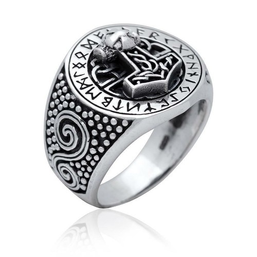 Thorshammer silver ring runes - silver,