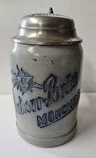 Bierkrug Pschorr-Bräu München mit Zinndeckel 1/2 Liter Steinzeug