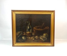 Antikes französisches Küchenstillleben Öl auf Leinwand Gemälde Eier Knoblauch signiert 1881