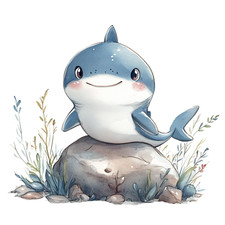 Watercolor shark sticker sea