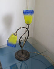 Tischlampe Pâte de Verre Art Deco Glas gelb blau Metall bronziert Lampe _Topp