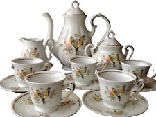 Porzellan FP Zajecar Jugoslawien Vögel bunt & Golddekor Mokkaservice für 5 Pers