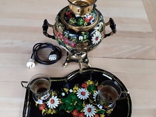 Antiker Elektronischer  Samowar ,   Bemalt  ,   Set mit Tablett,Kabel und Tassen