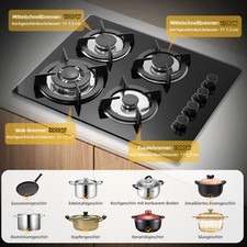 60 CM Gaskochfeld Glas Einbau Kochfeld Gaskocher 4 flammig Einbauherd LPG Erdgas