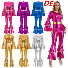DE Damen Metallic Body Disco Outfit Glänzend Jumpsuit Schlager mit Rüschen Retro