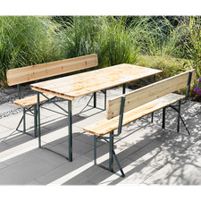 3tlg. Bierzelt-Garnitur mit Rückenlehne aus Tannenholz