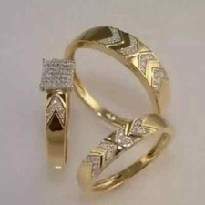 His Her Lab Created Diamant Braut Hochzeit Trio Ring Set 14K Gelbgold plattiert