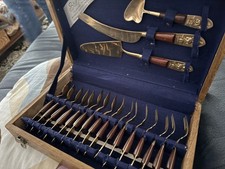 Siam Vintage Bronze/Brass DESSERT Besteck Set 6 Pers. Wooden Case Thailand