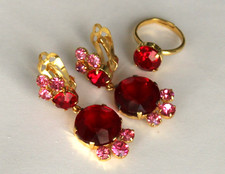 Gablonzer Modeschmuck Rote und Rosa Steine Ohrringe und Ring Vintage